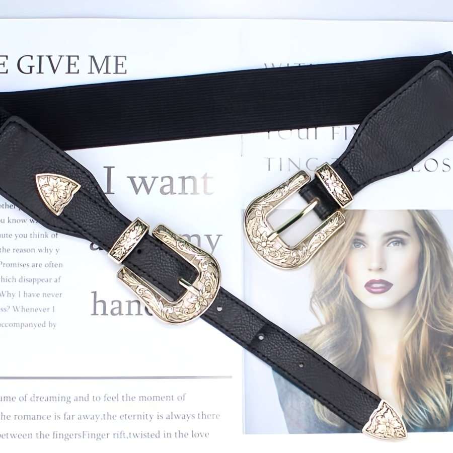 Vintage Carved Double Button Elastic Belt for Women